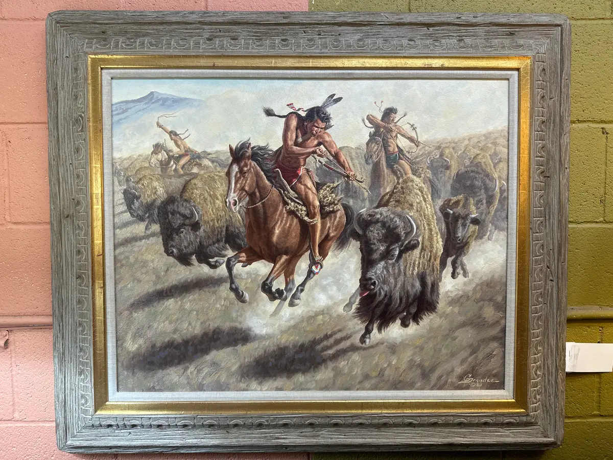Indian Hunting Buffalo Oil Painting On Board By Joe Grandee 1929-2021 1