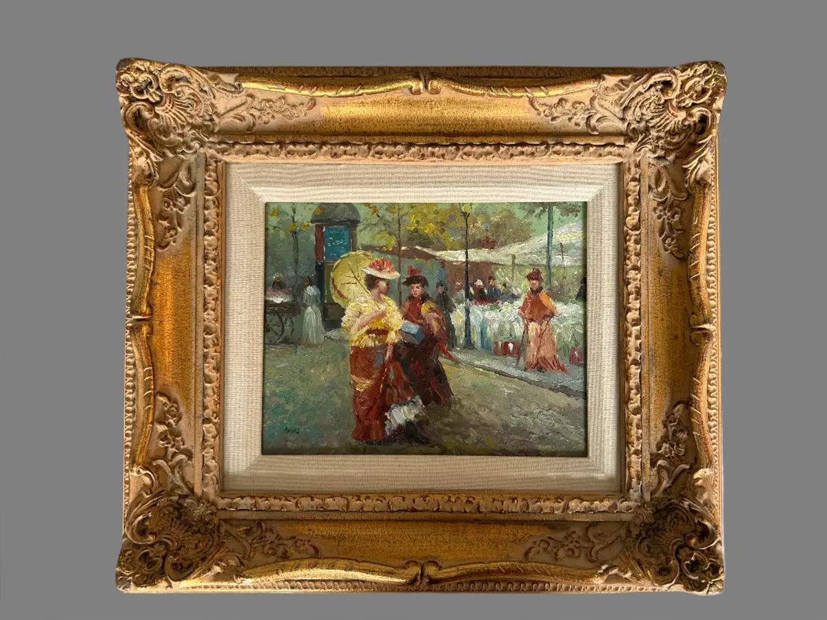 Framed Impressionist Ladies Strolling Oil Painting 1