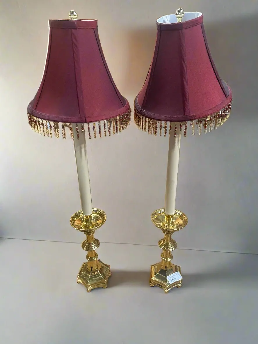 Pair Of Brass Pillar Lamps With Beaded Shades 1