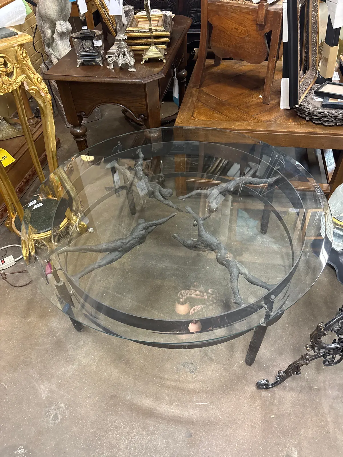 Round Bronze Finish Ernest Trova Figural Iron Coffee Table With Glass Top 1