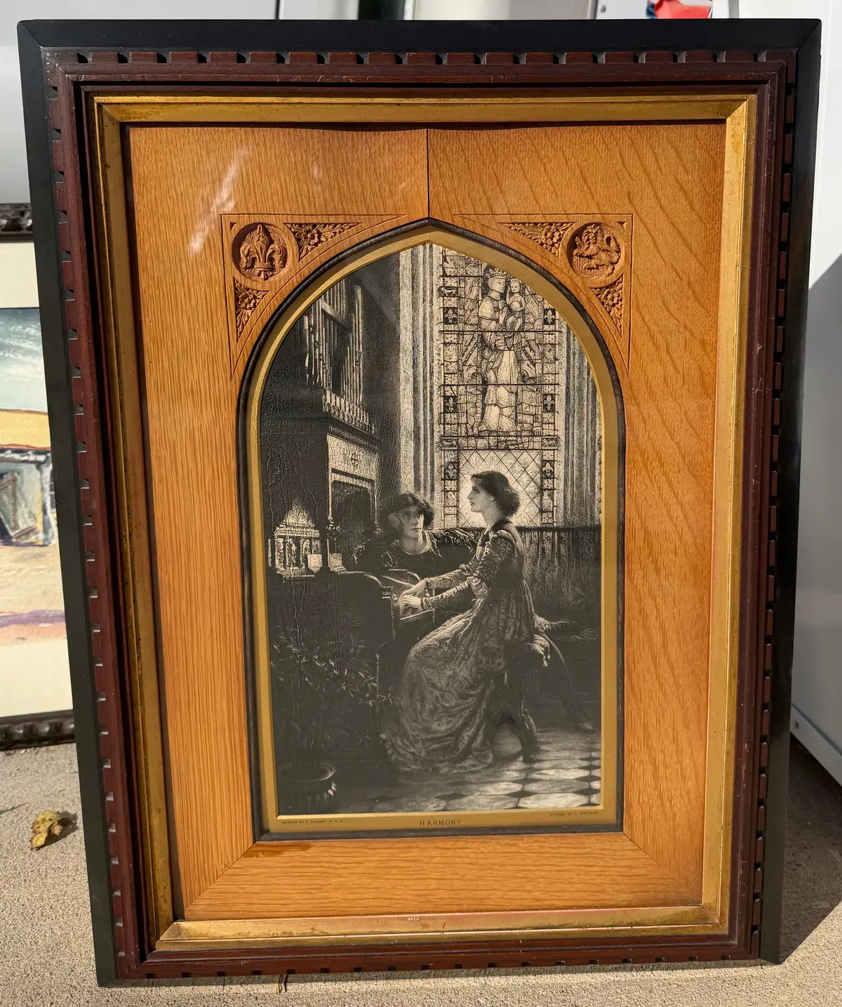 Uniquely Framed Etching  "Harmony" By Sir Franck Dicksee With Carved Oak Filet 1