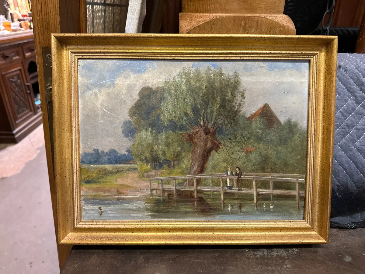 Framed Oil Painting On Canvas Of Couple On A Bridge As Found 1