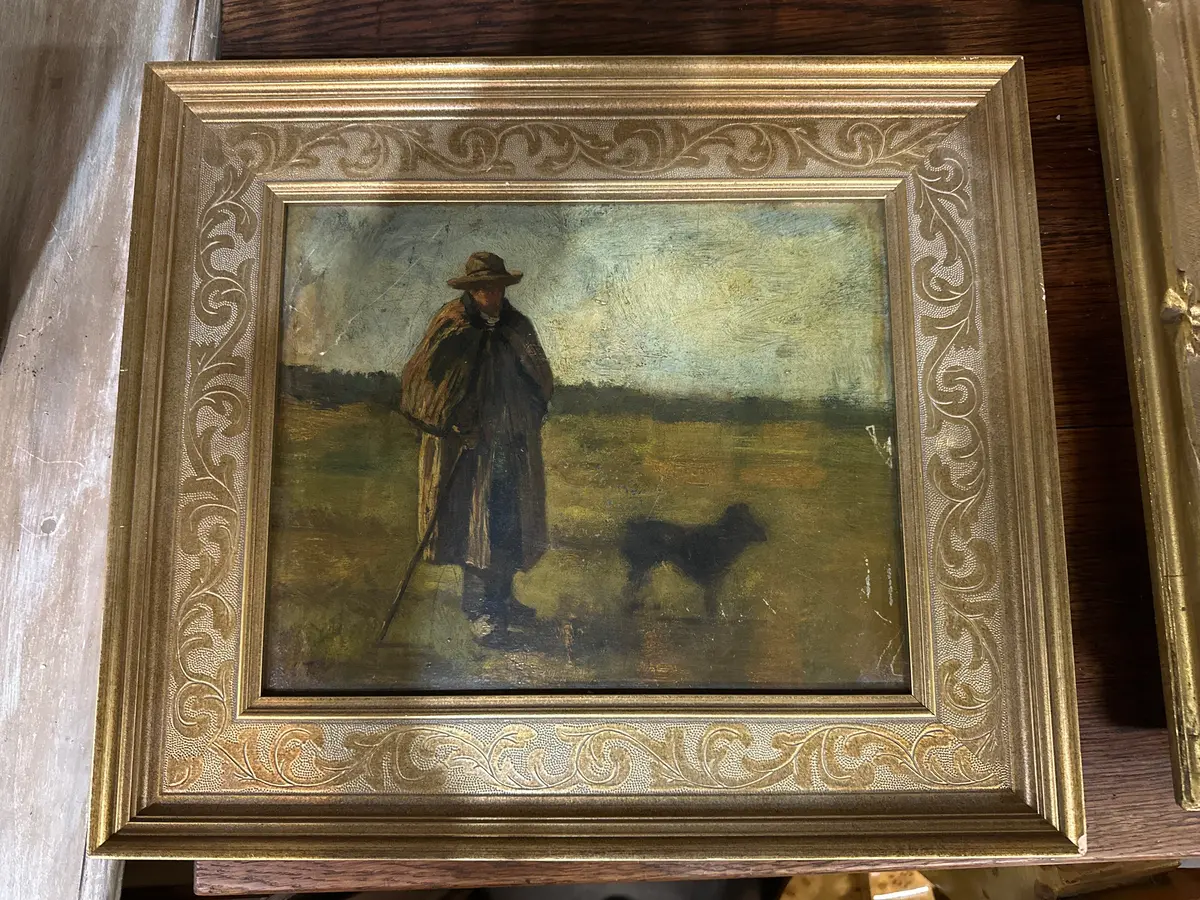 Framed French Oil Painting Of A Man And Dog 1
