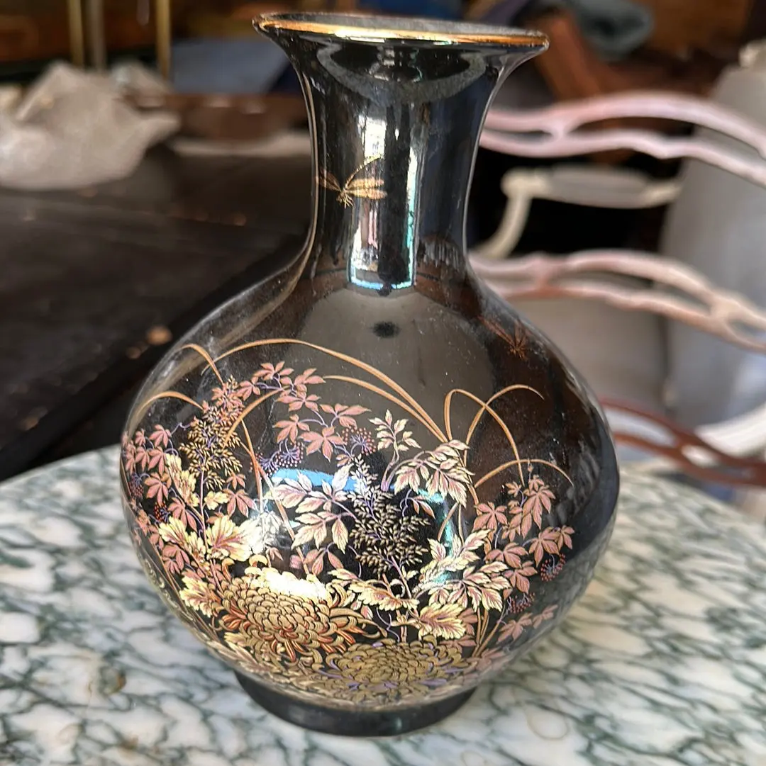 Japanese Black And Gold Floral Flared Vase 1