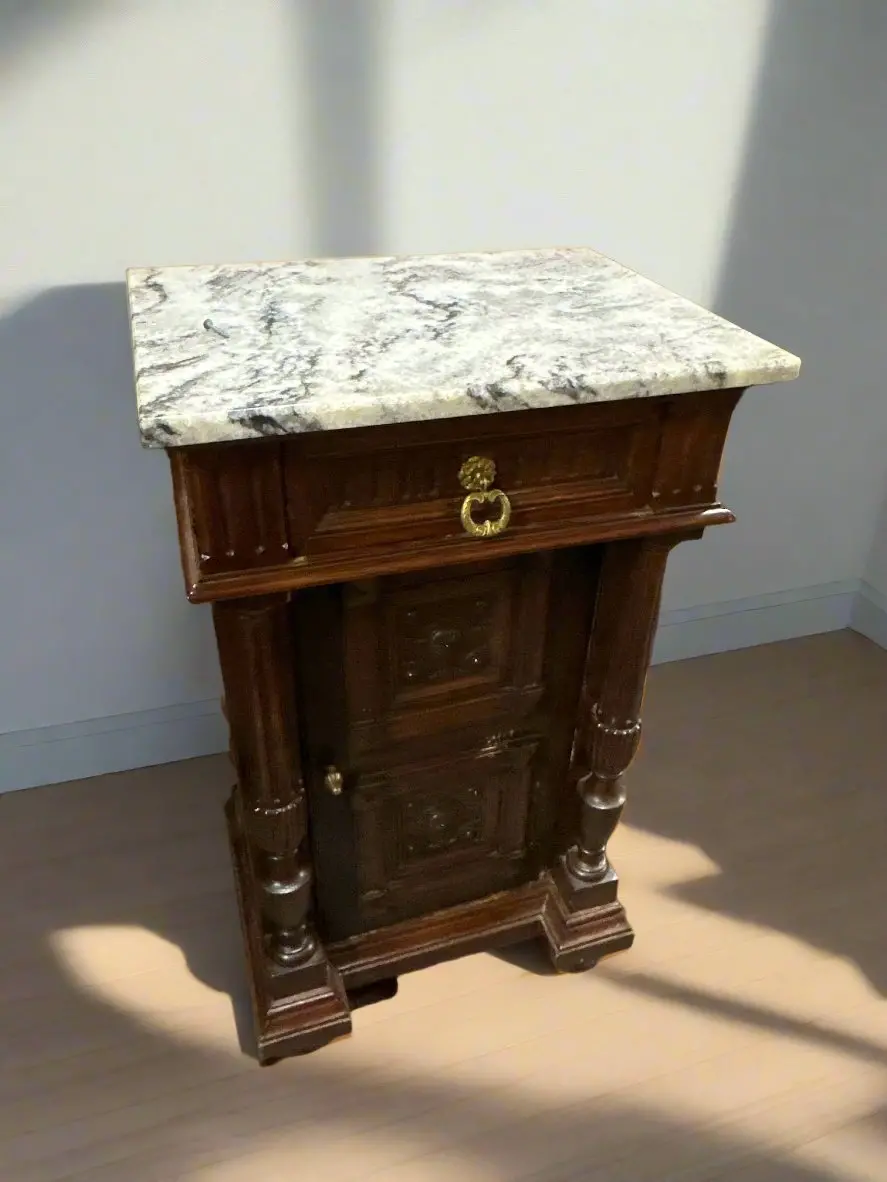 Pair Of 19Th Century Tall Oak  Marble Top Night Stands 1