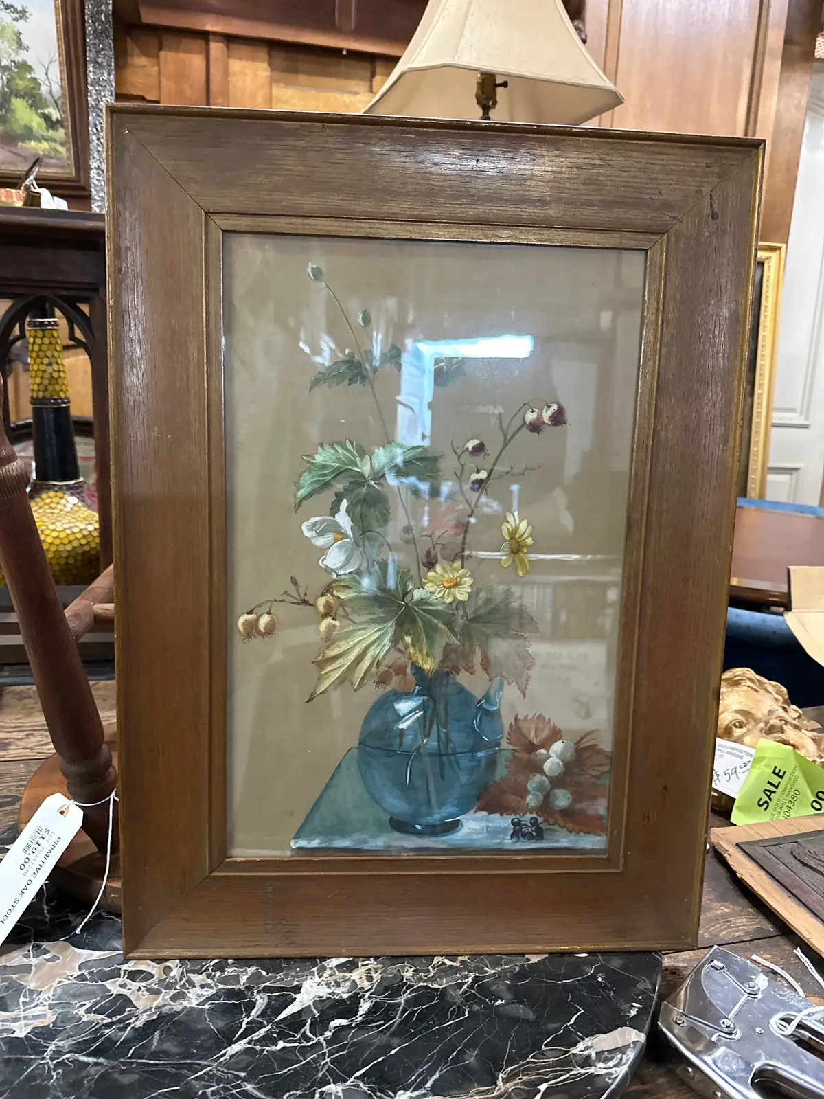 Wood Framed Painting With Blue Glass Of A Floral Still Life 1