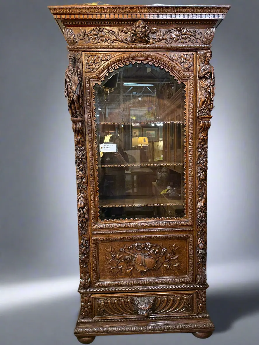 Incredible French Figural Carved Single Door Bookcase 1