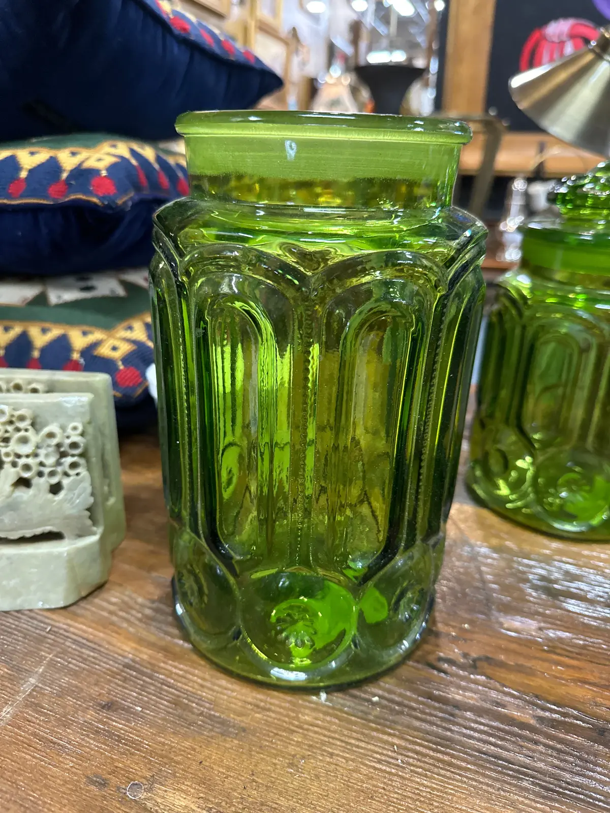 Medium Green Glass Jar No Lid 1