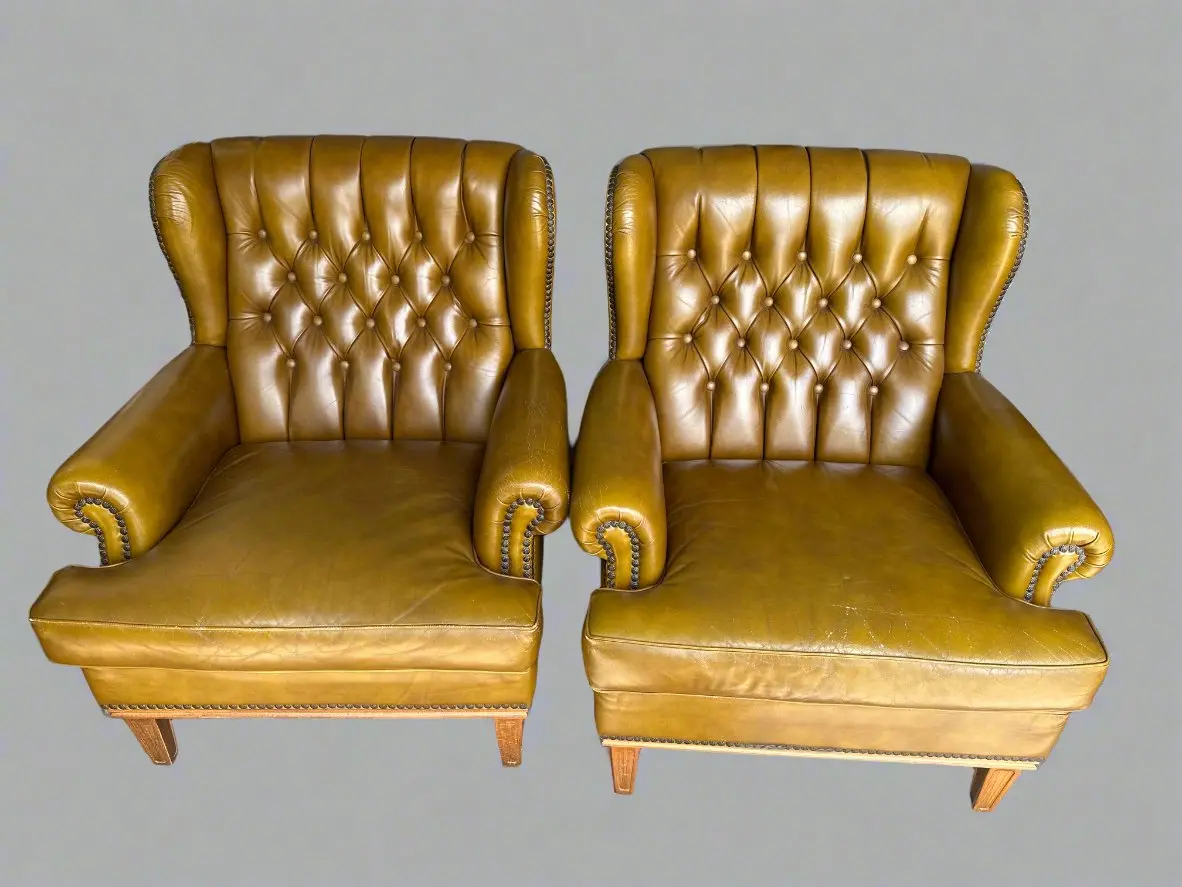 Pair Of Tufted Leathe Golden Brown Chairs 1