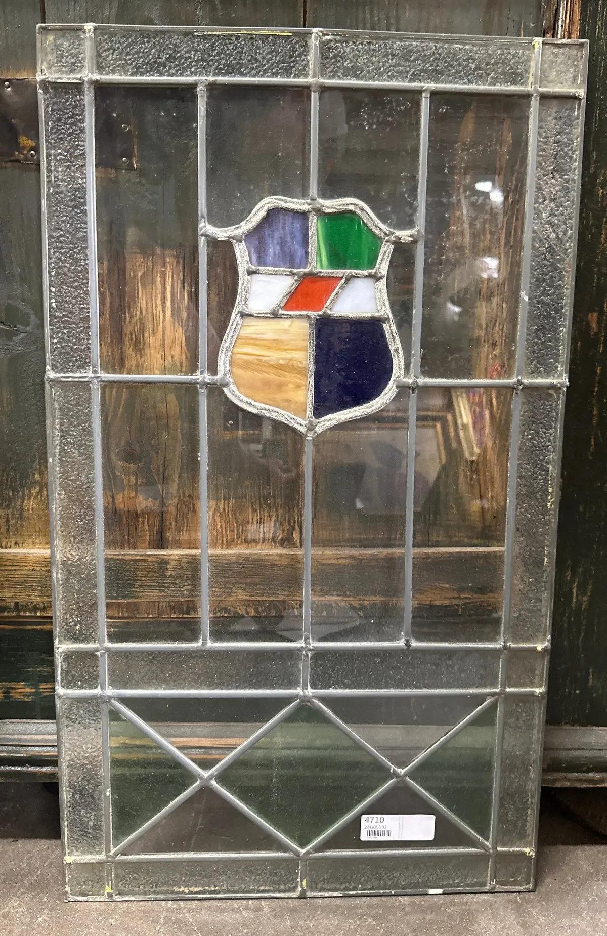 Nicely Framed Stained And Slag Glass Window With Shield 1