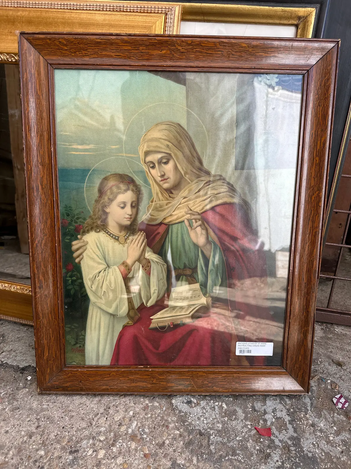 Antique Litho Of St Anne Instructing Virgin Mary 1