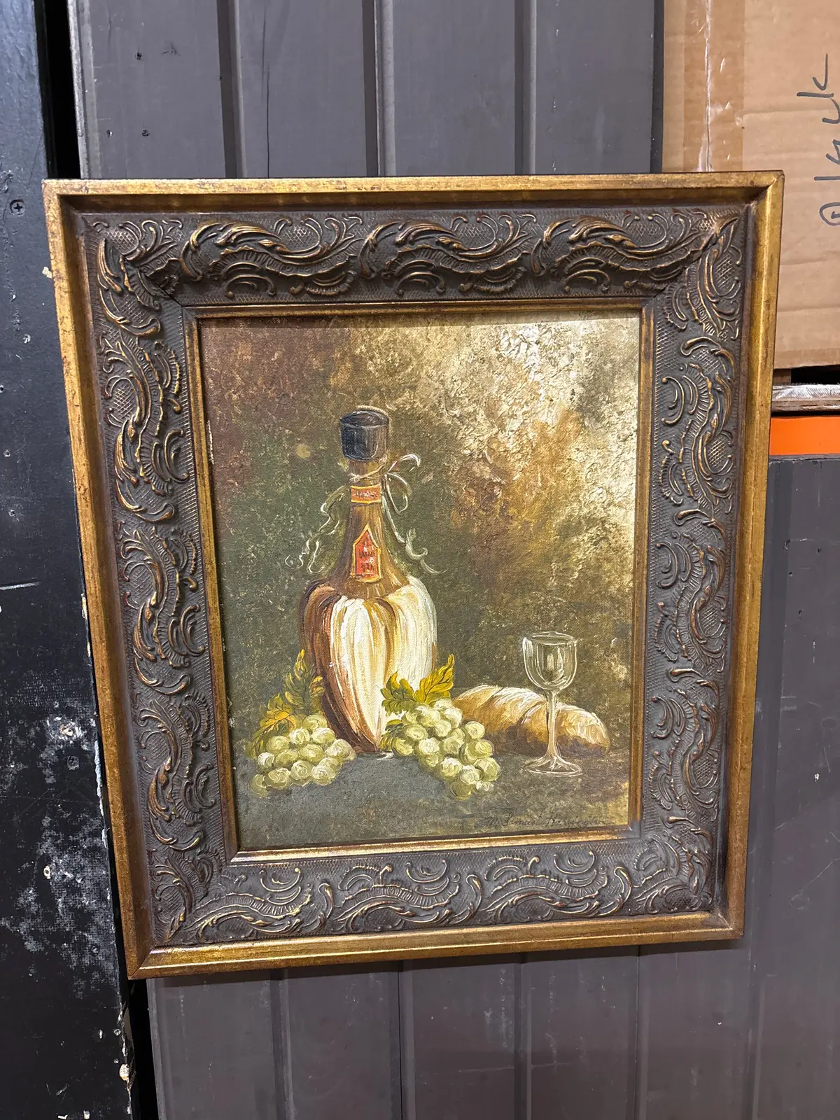 Ornate Framed Oil Painting Of Still Life Wine And Grapes 1