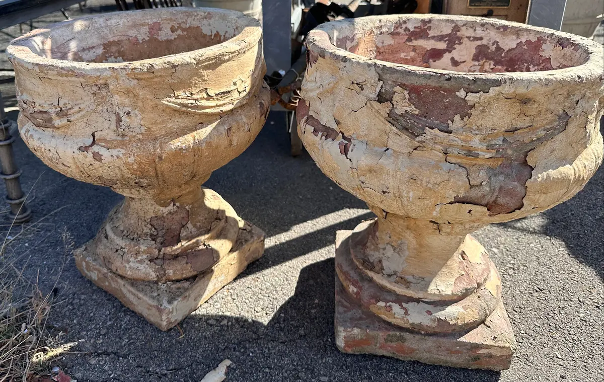 Pair Of Vintage Concrete Low Planters 1
