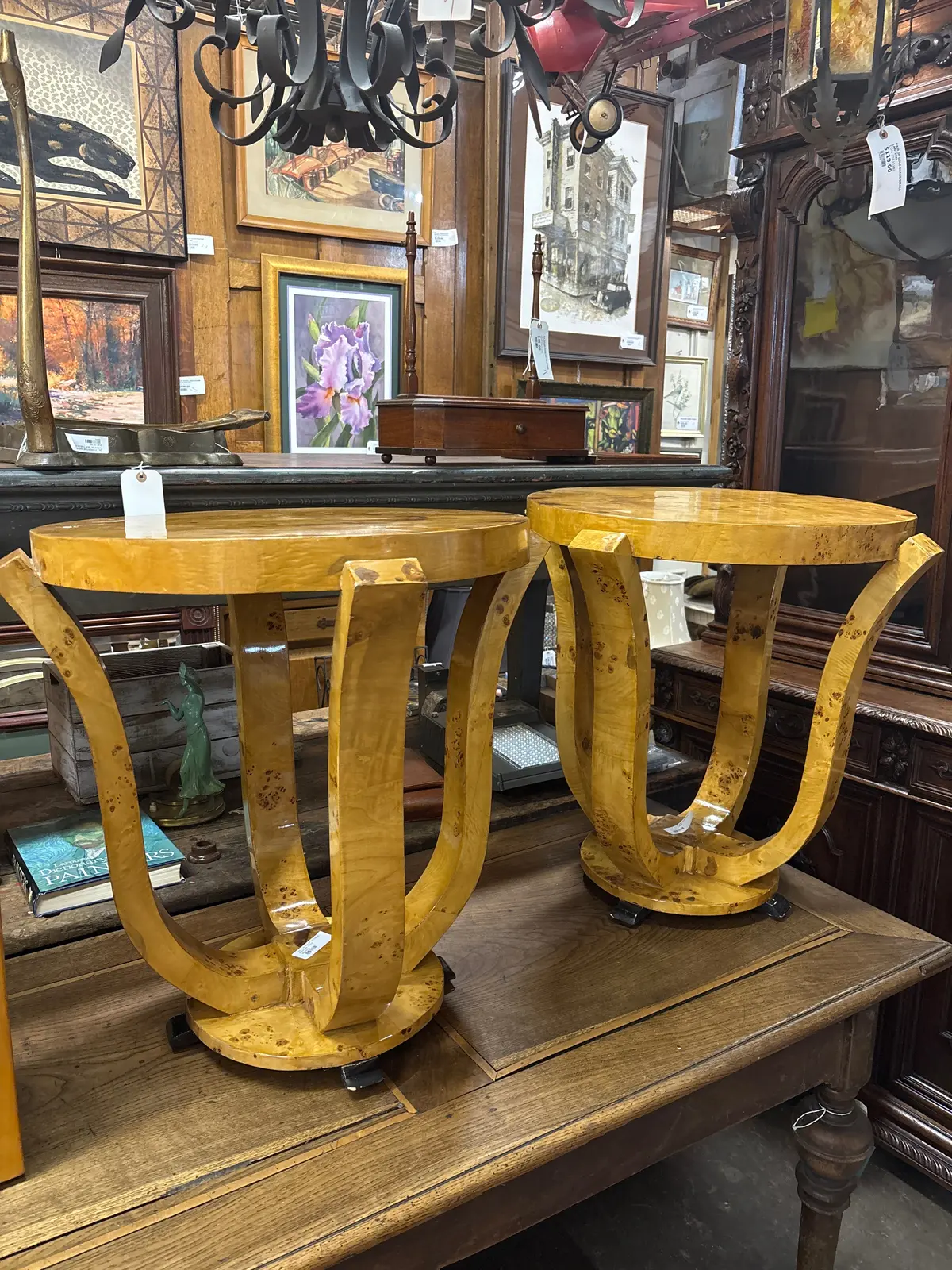Pair Of Round Art Deco Burl Wood Side Tables 1