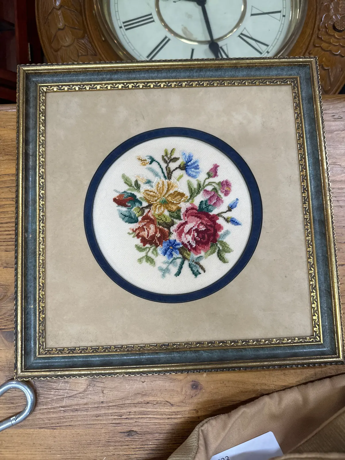 Small Round Floral Needlepoint In Square Frame 1