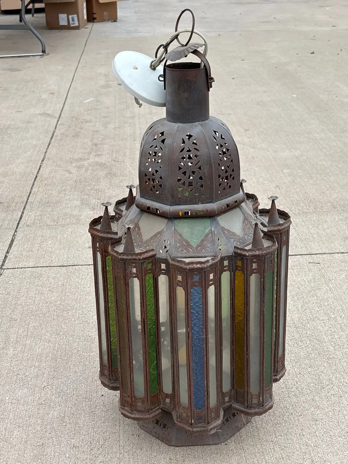 Tin Lantern With Green And Blue Glass 1