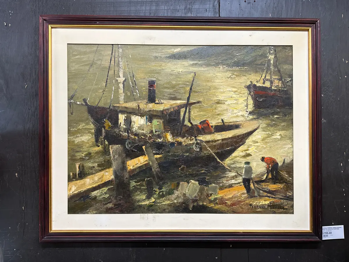 Durval Pereira Large Fishing Boat At Dock Oil Painting 1