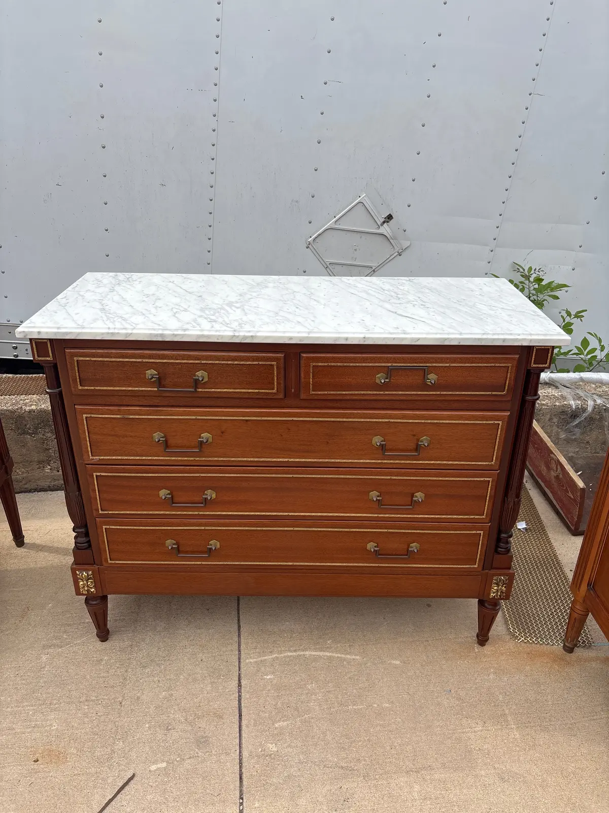 Louis Xvi White Marble Top 5 Drawer Mahogany Chest With Bail Handles And Brass Trim 1
