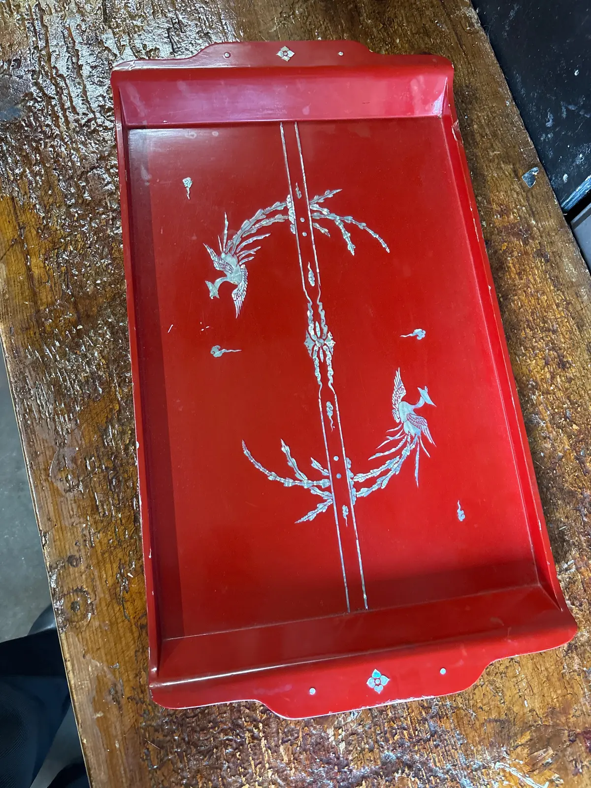 Chinese Red Laquer Tray With Mother Of Pearl Inlay - As Found 1