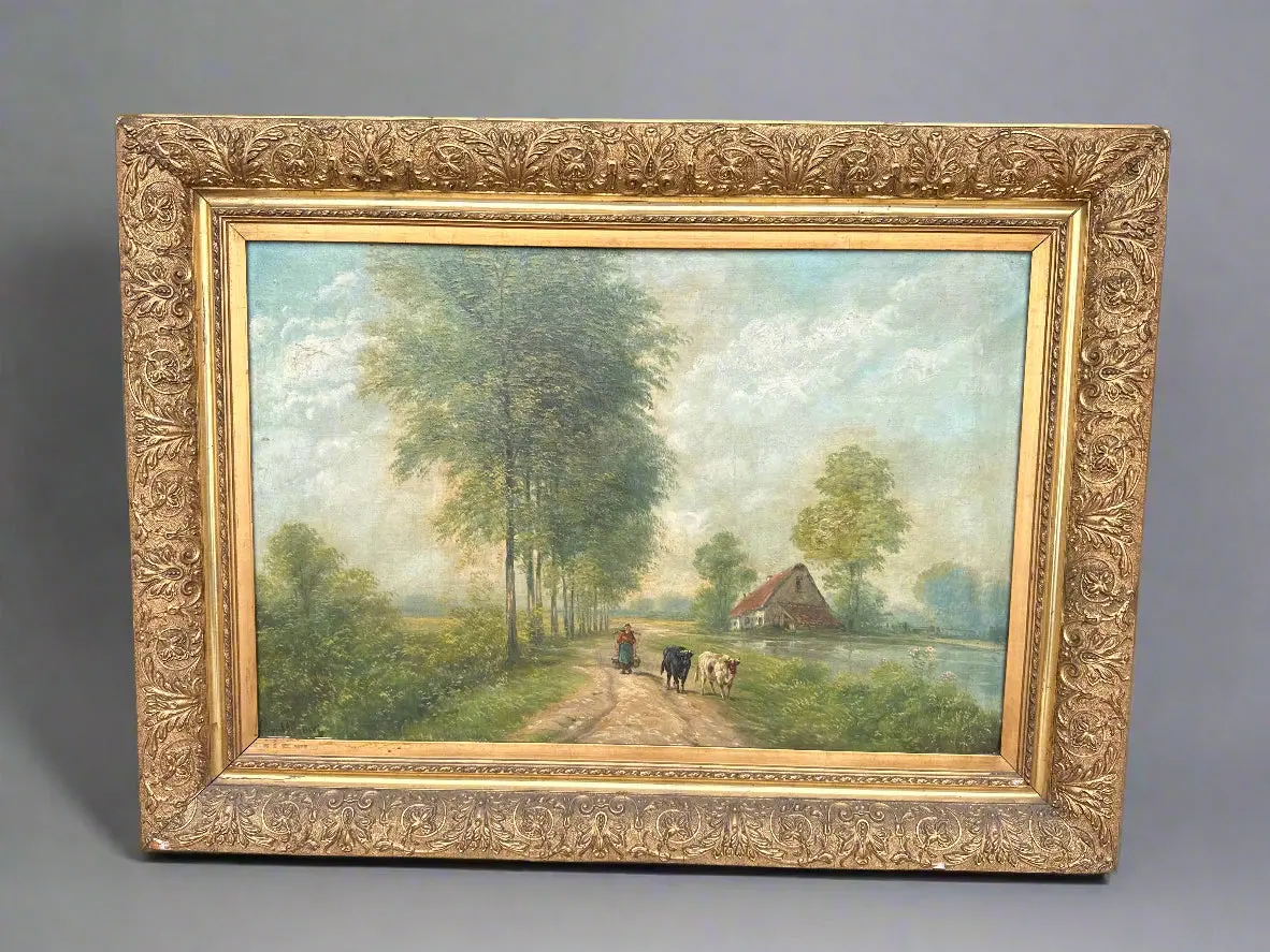 Large Gilt Framed Landscape Oil Painting With Cows 1