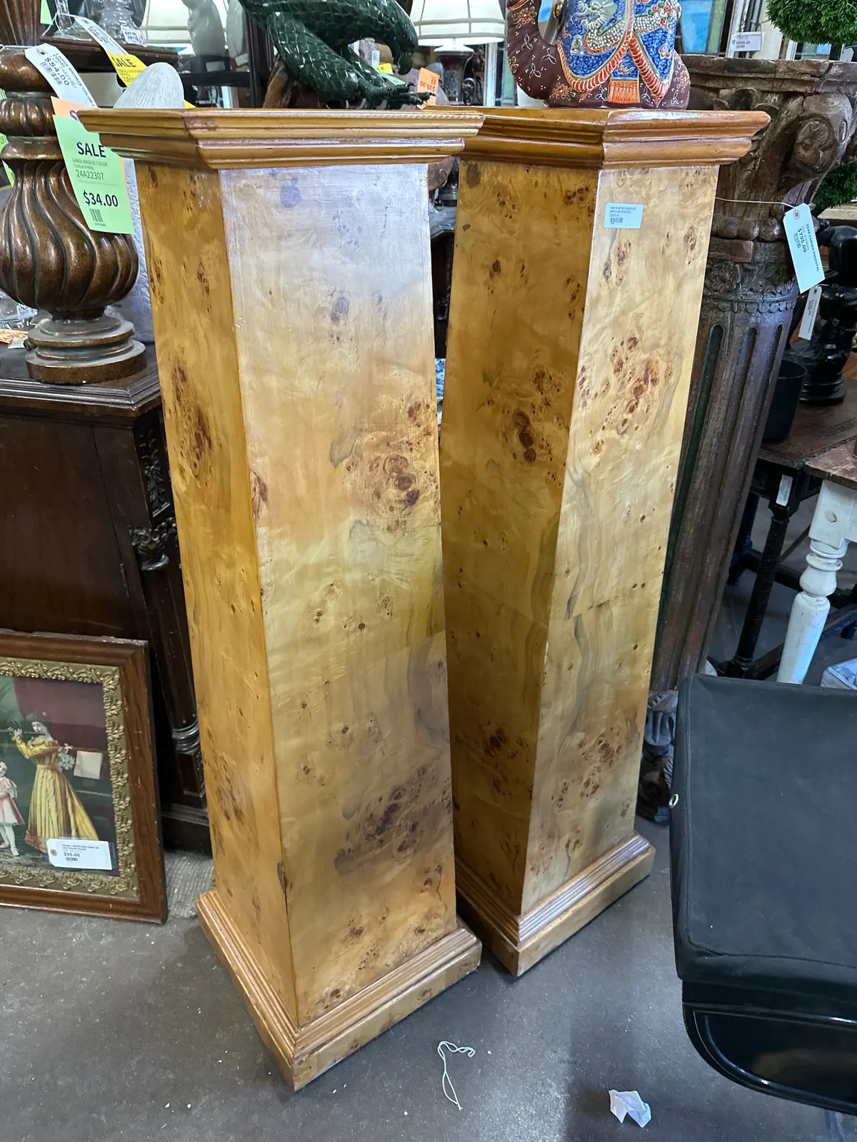 Pair Of Art Deco Bird's Eye Maple Tall Tapered Pedestals - As Found 1