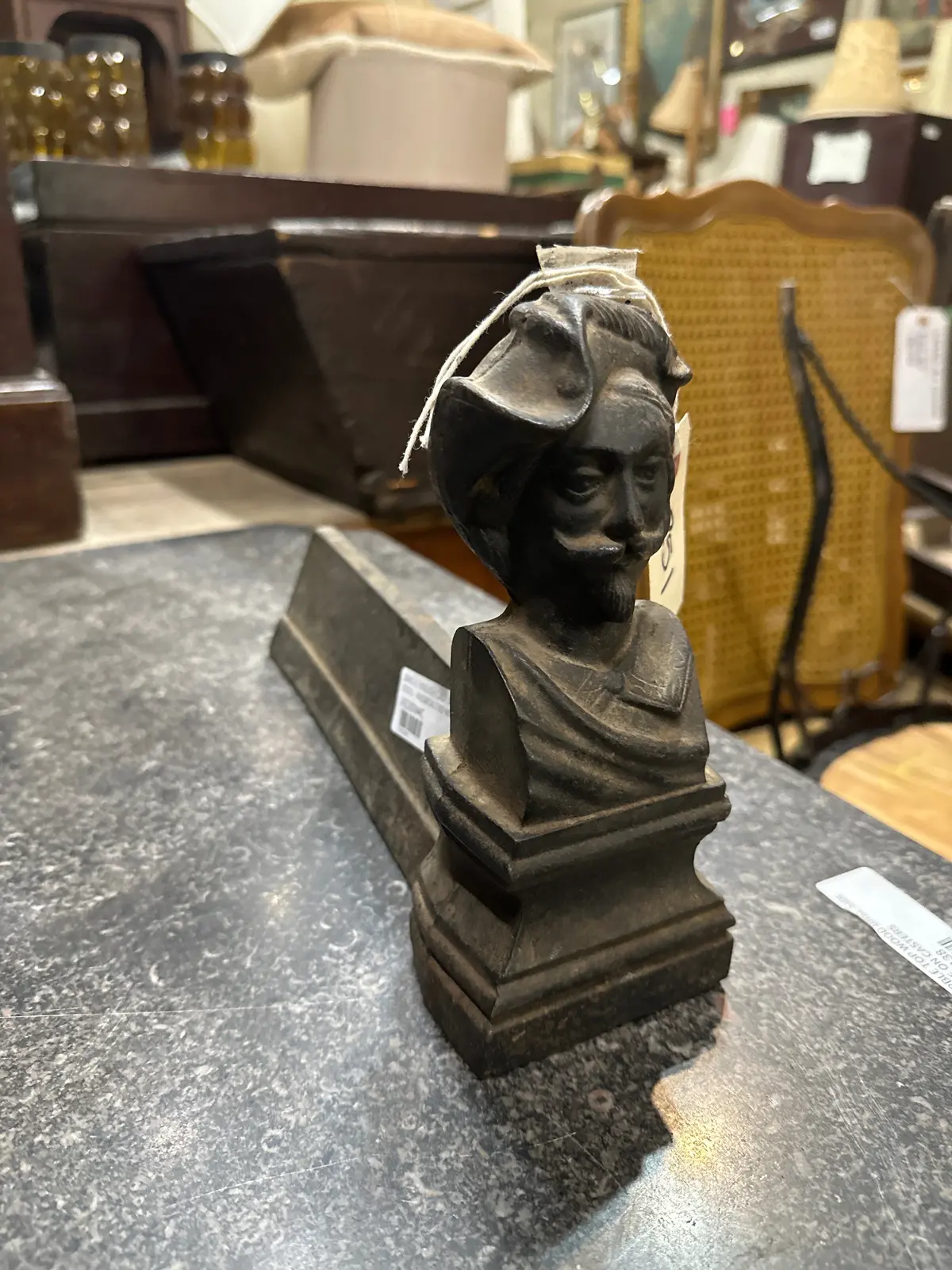 Single English Cast Iron Andiron With Face And Feathered Hat 1