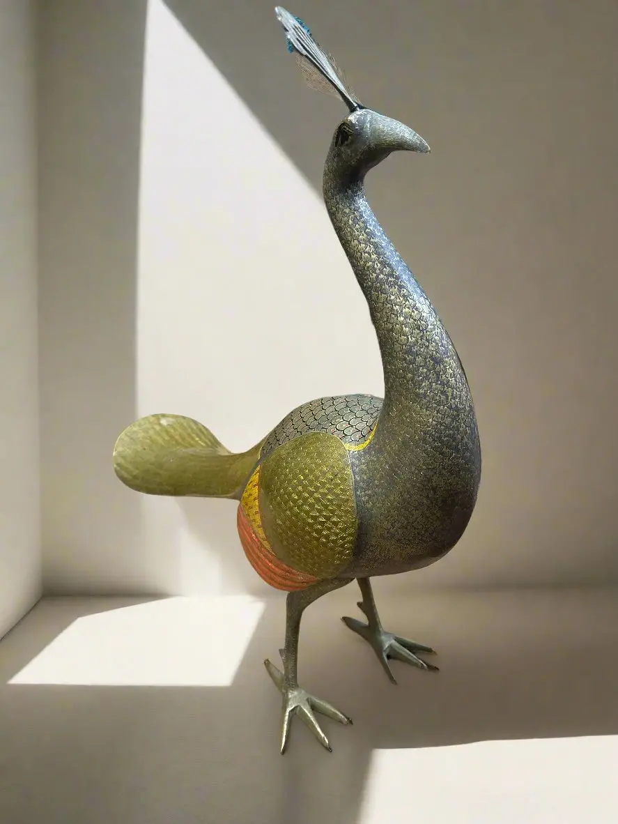 Large Heavy Brass And Enamel Peacock 1