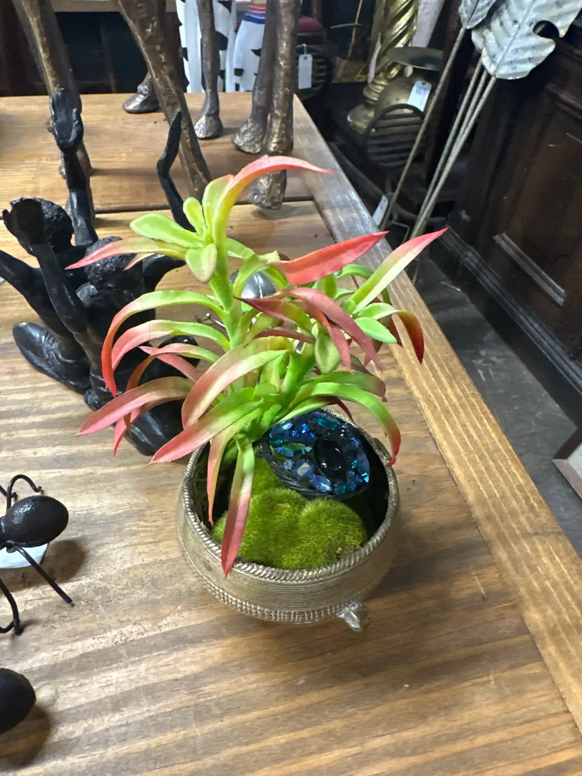 Faux Plant In Tiny Brass Pot With Jeweled Broach 1