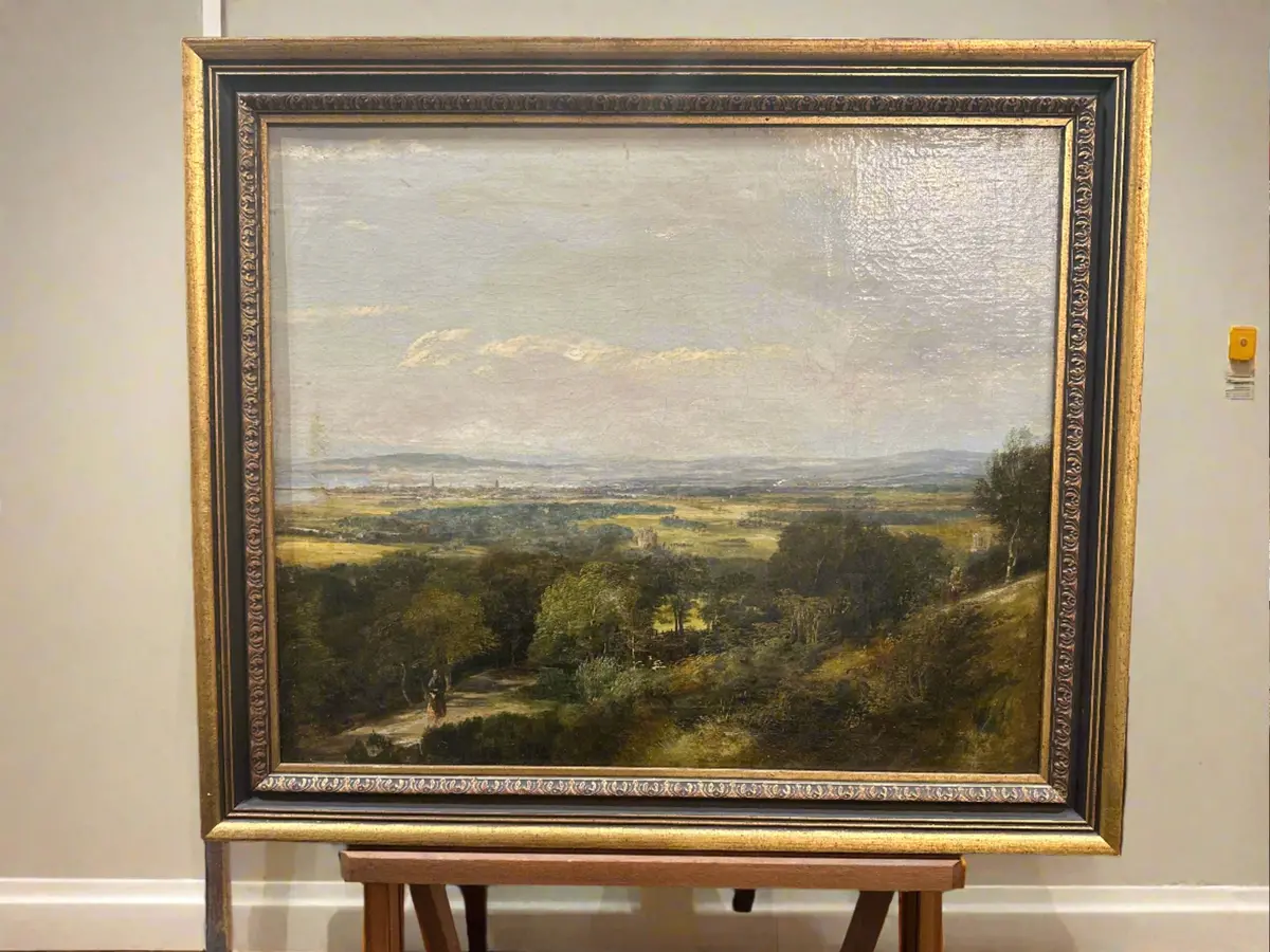 Framed Vista Landscape Oil Painting With Lady On Path 1