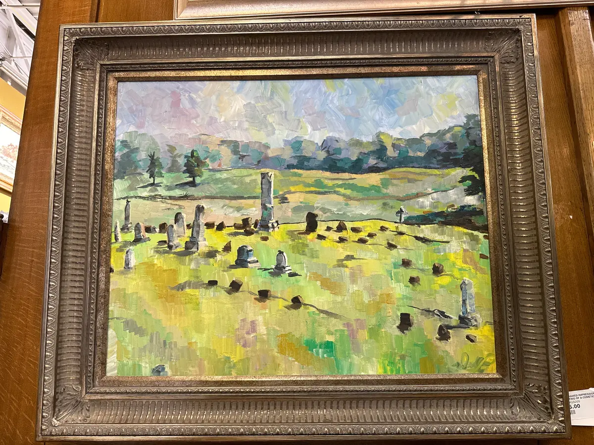 Silver Framed Impressionist Oil Painting Of A Cemetery 1