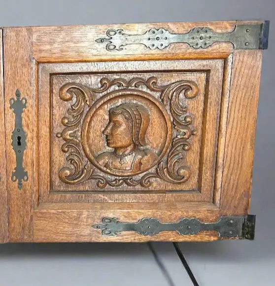 Lady Portrait Carved Door With Iron Strap Hinges 1