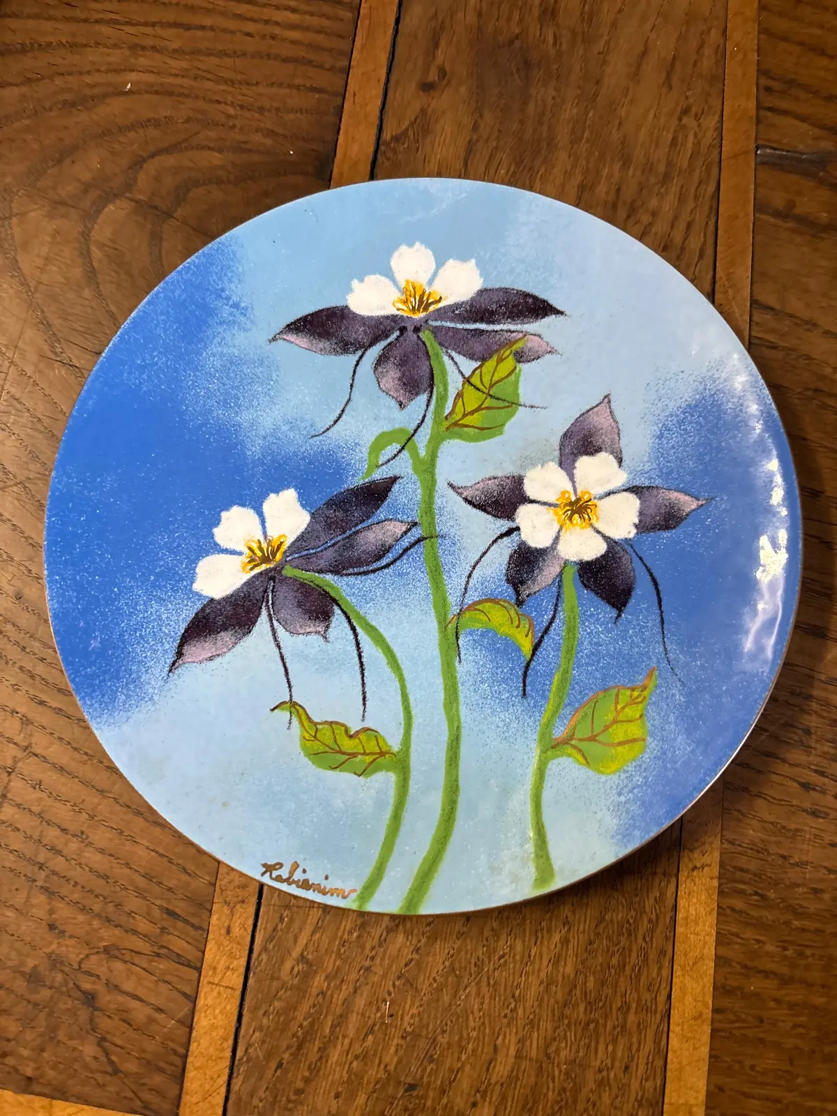 Medium Enameled Blue And White Lily Plate - Signed Robinson 1