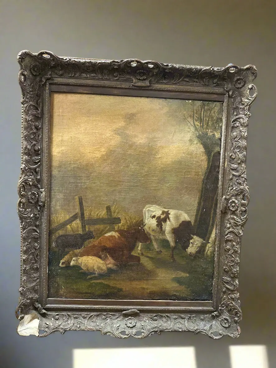 Vertical 19Th Century Cow And Sheep Oil Painting 1