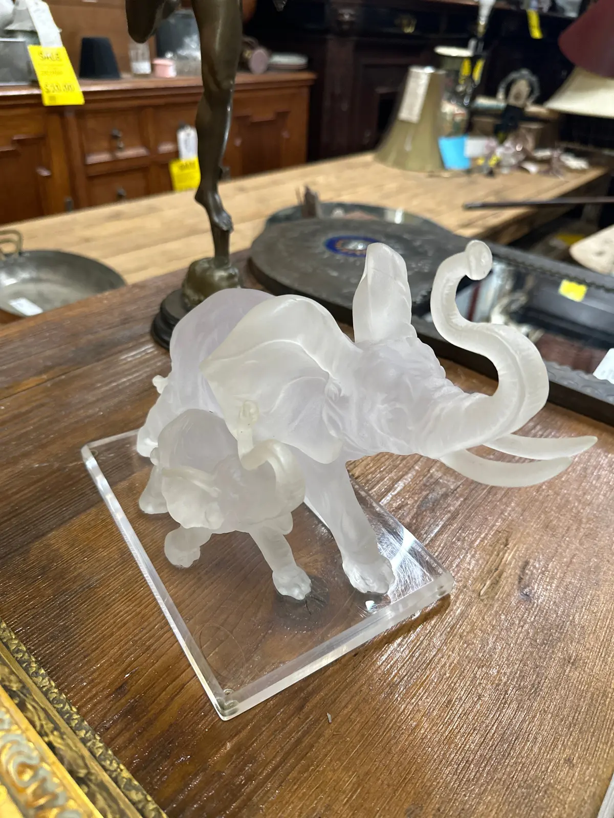 Mid Century Acrylic Elephant With Baby Statue 1
