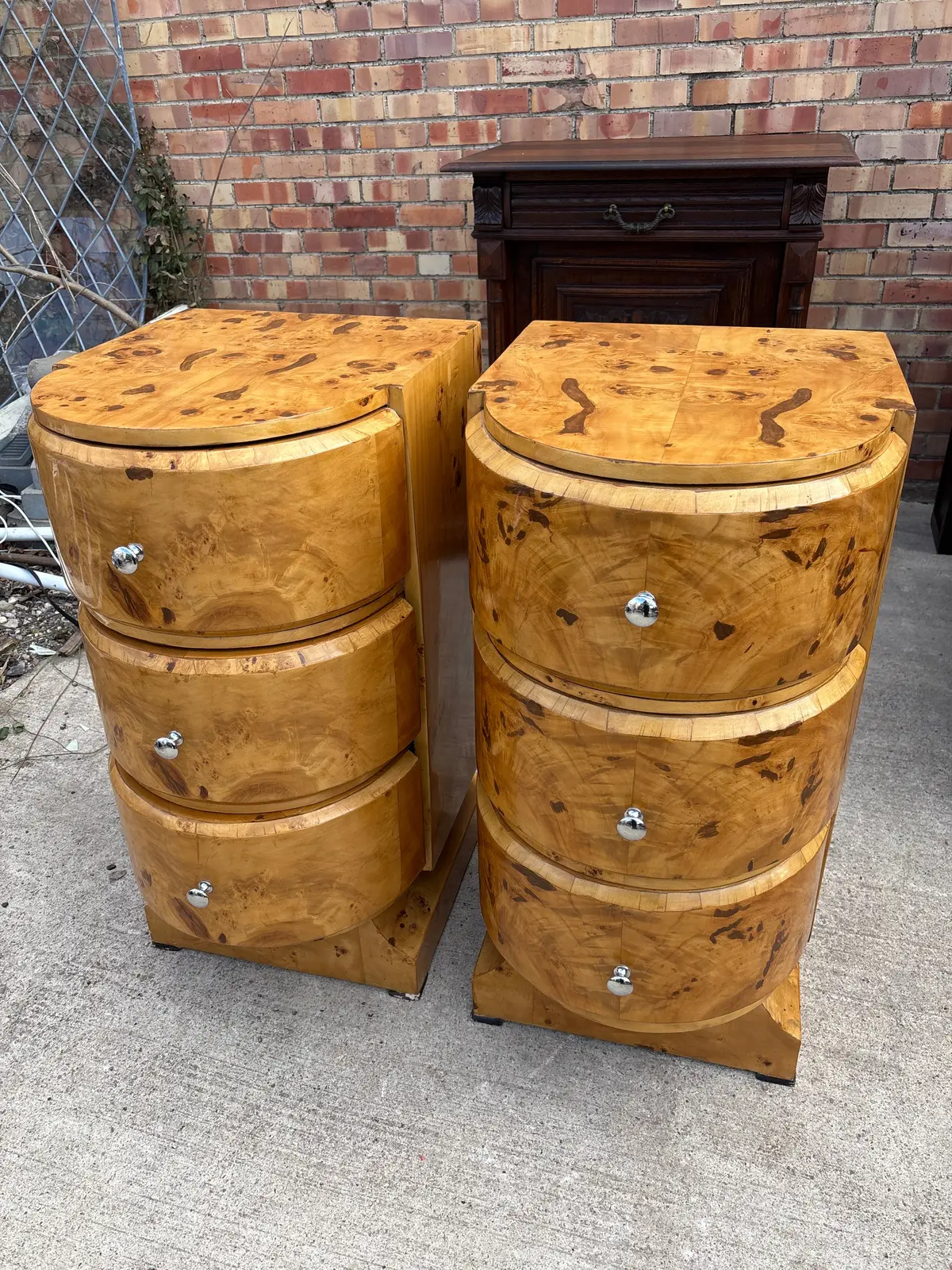 Pair Of Art Deco Burl Wood Curved Front Chests 1