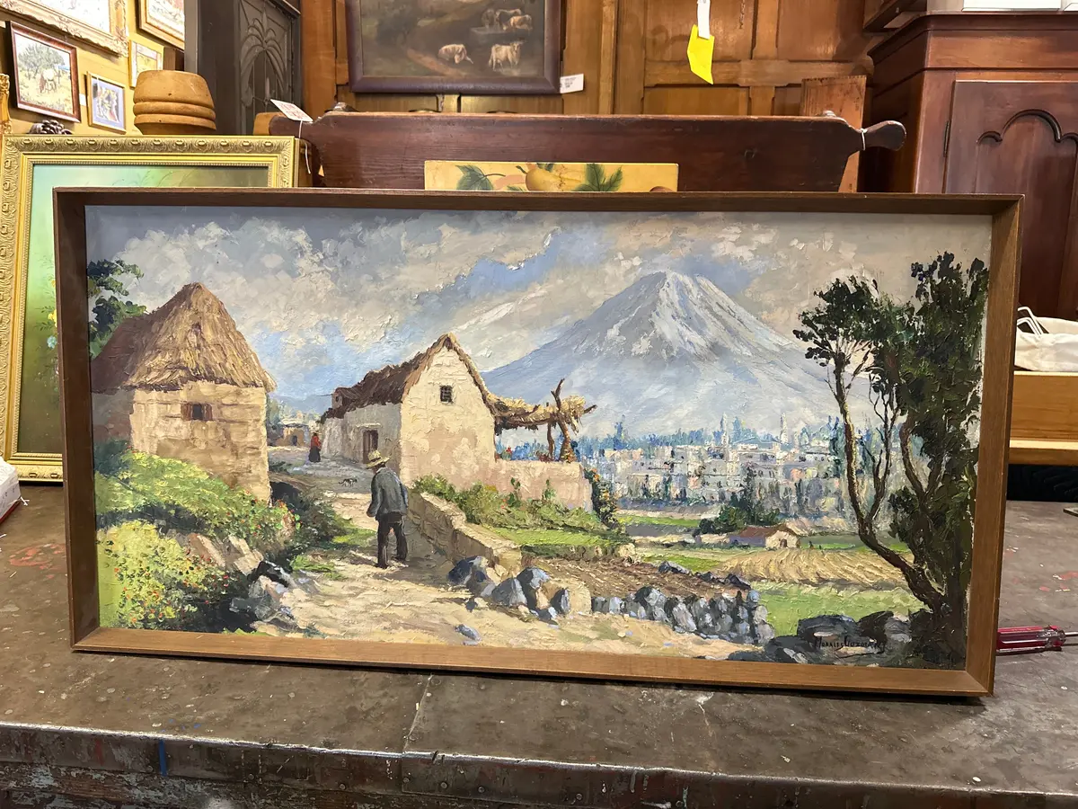 Framed Oil Painting Of A Man On A Village Street Near A Volcano 1