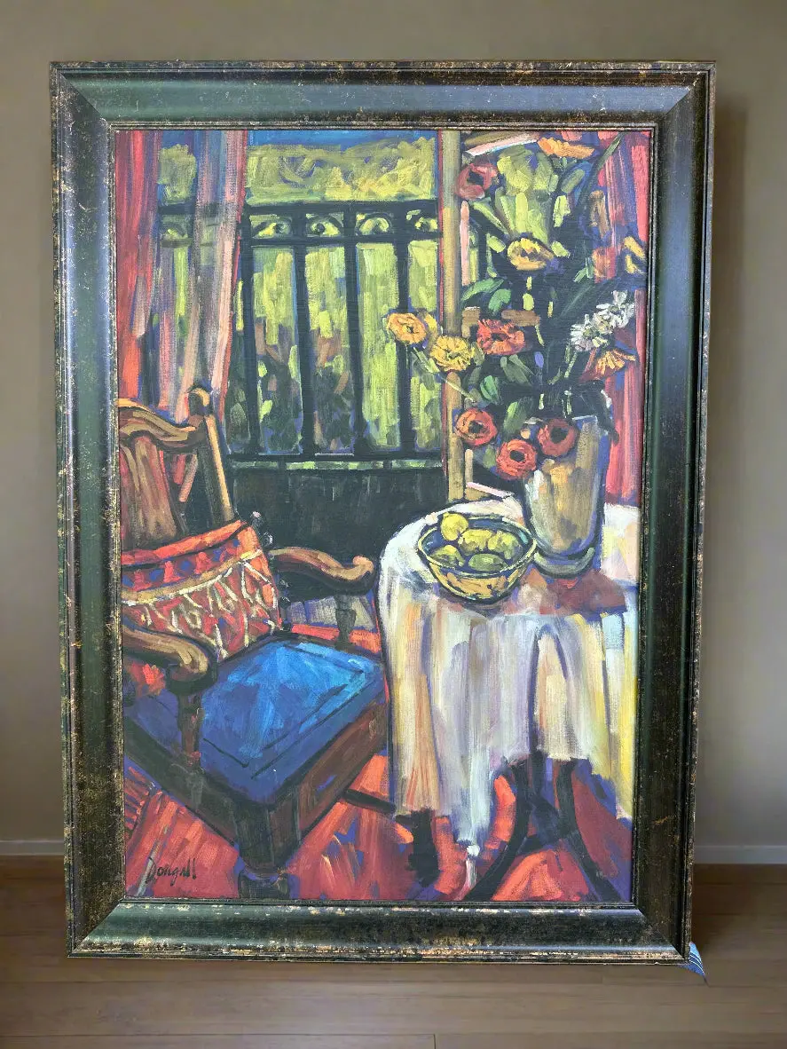 Brown Framed Impressionist Painting Of A Still Life Room With Flowers And Chair  Signed Dougall 1