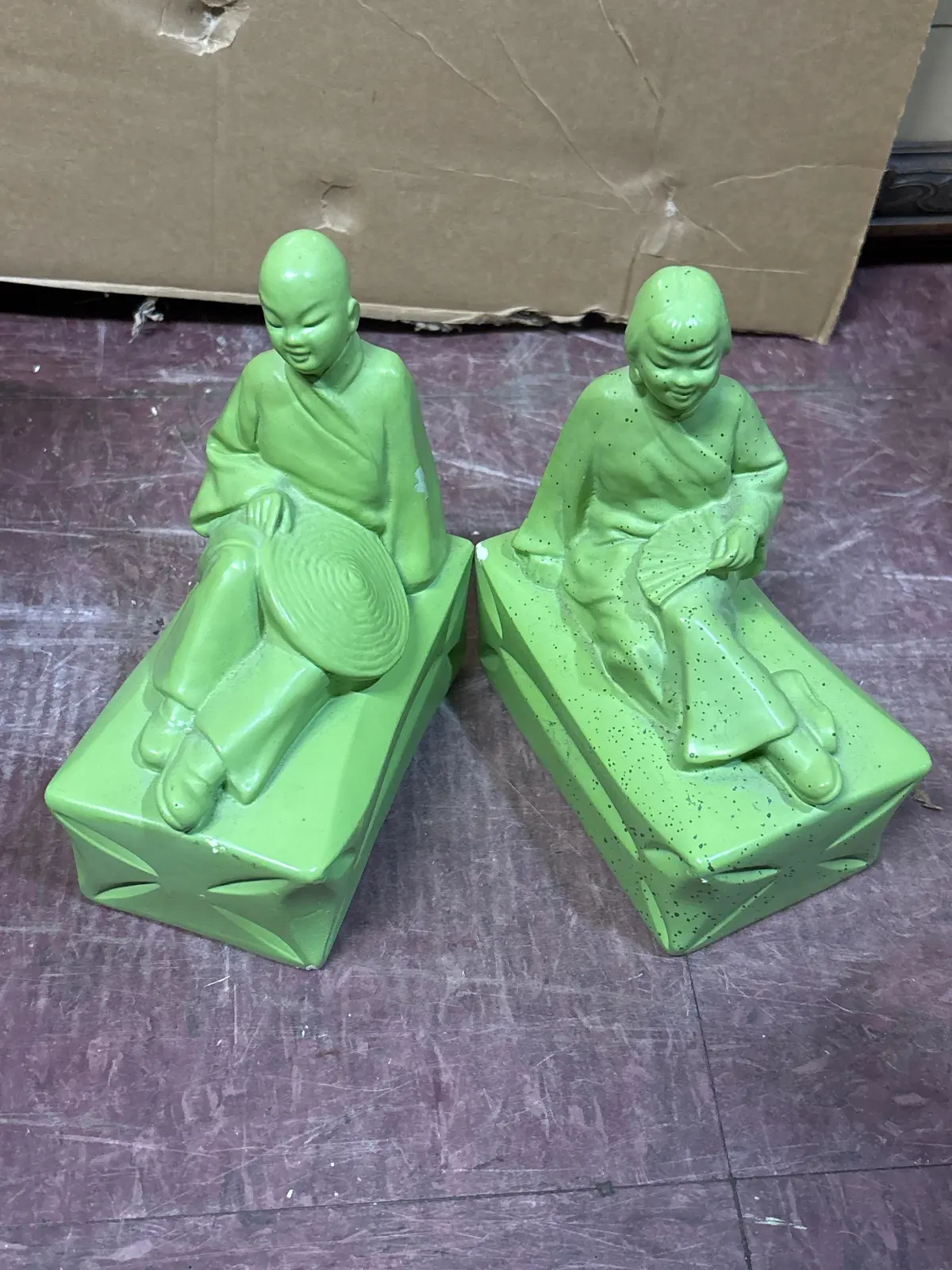 Pair Of As Found Green Midcentury Oriental Figural Bookends 1
