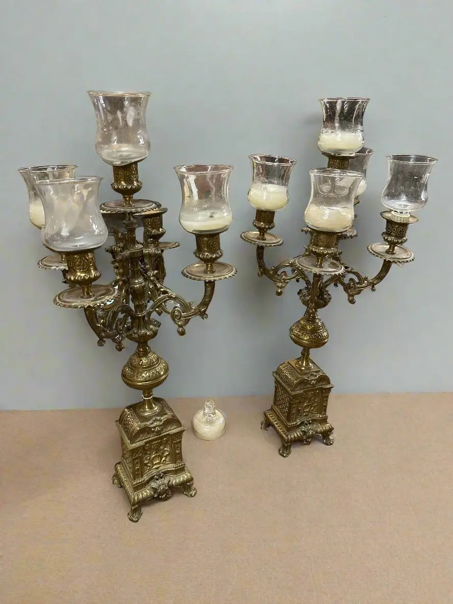 Pair Of Brass 5 Light Candleabras With Glass Globes 1