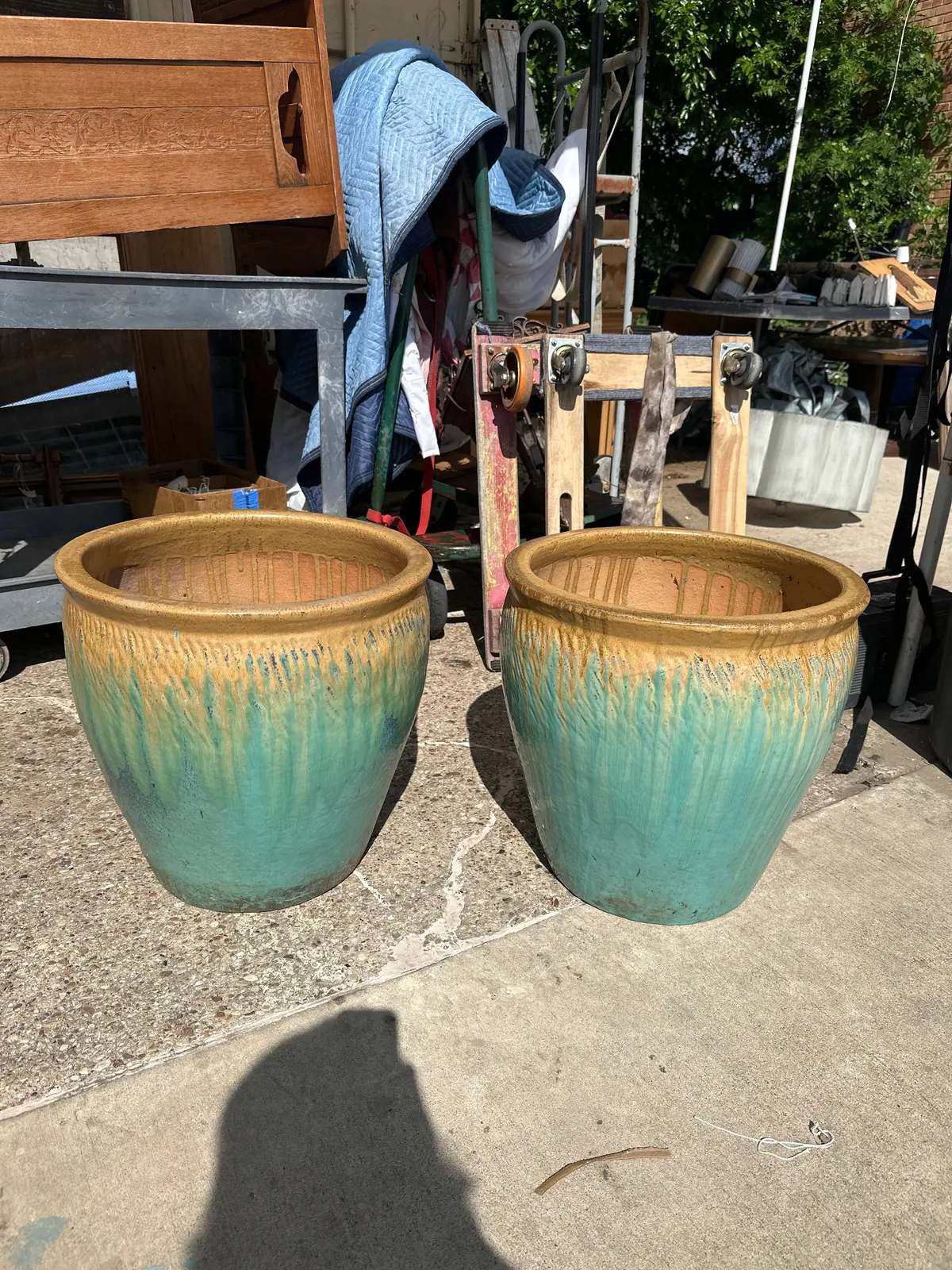 Pair Of Tall Glazed Terra Cotta Low Planters 1