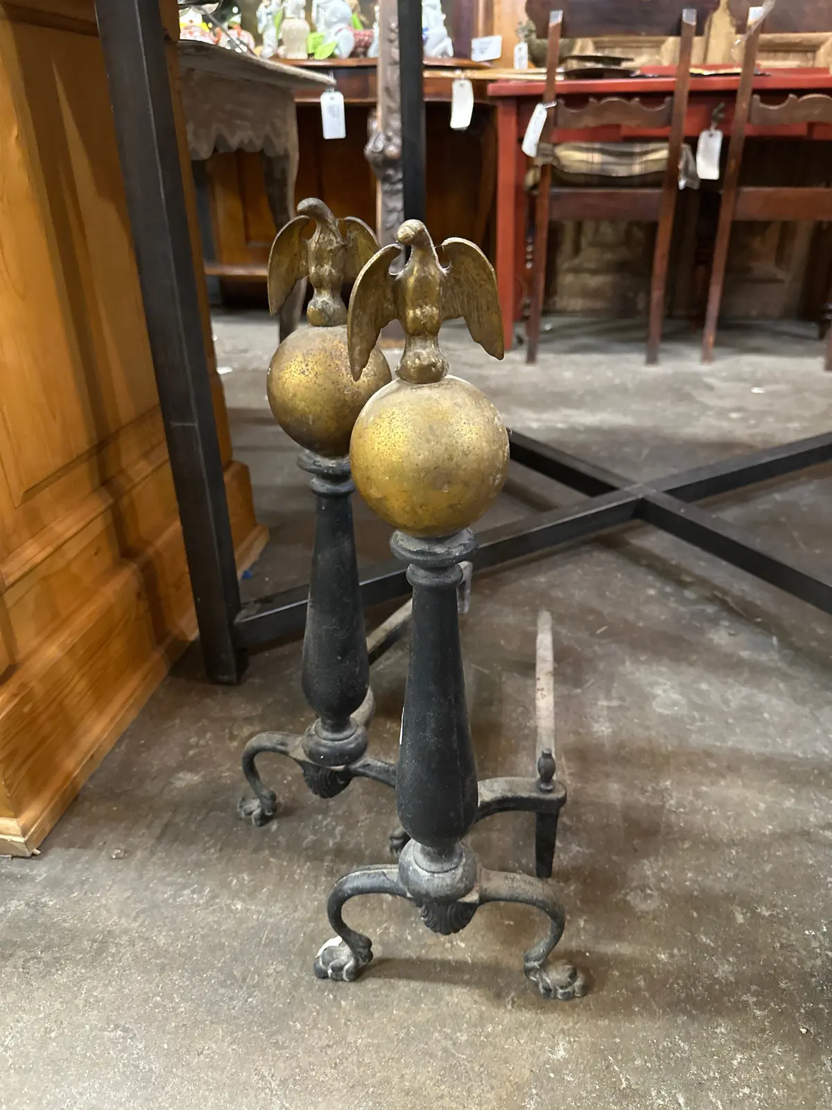 Pair Of Iron Andirons With Brass Eagles 1