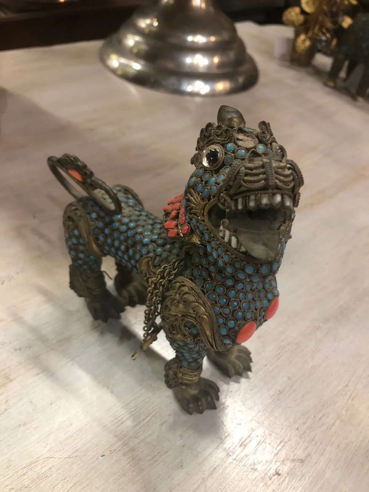 Medium Chinese Brass Foo Dogs With Beads 1