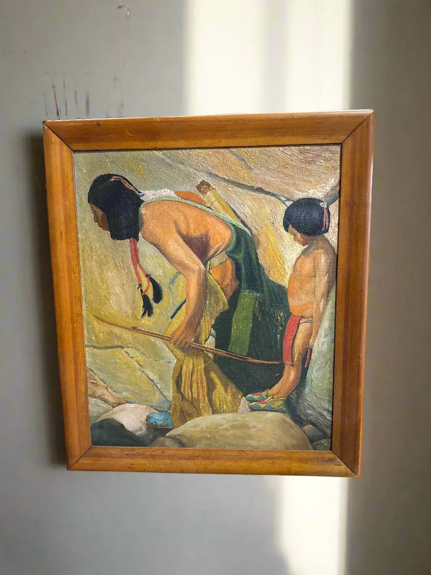 Framed Oil Painting Of Indian Father And Son Signed Win Fonies Jr 1935 1