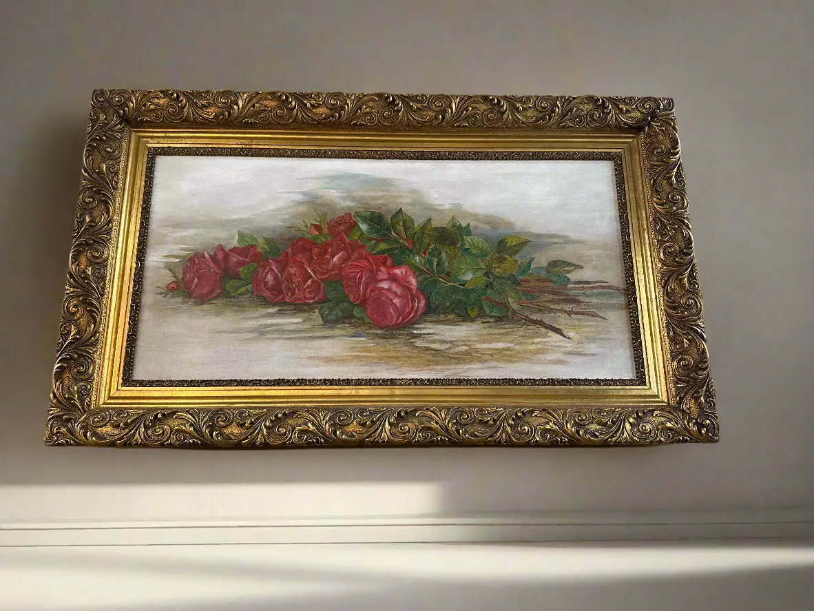 Gilt Framed Horizontal Oil Painting Of Roses By Maude Waters 1