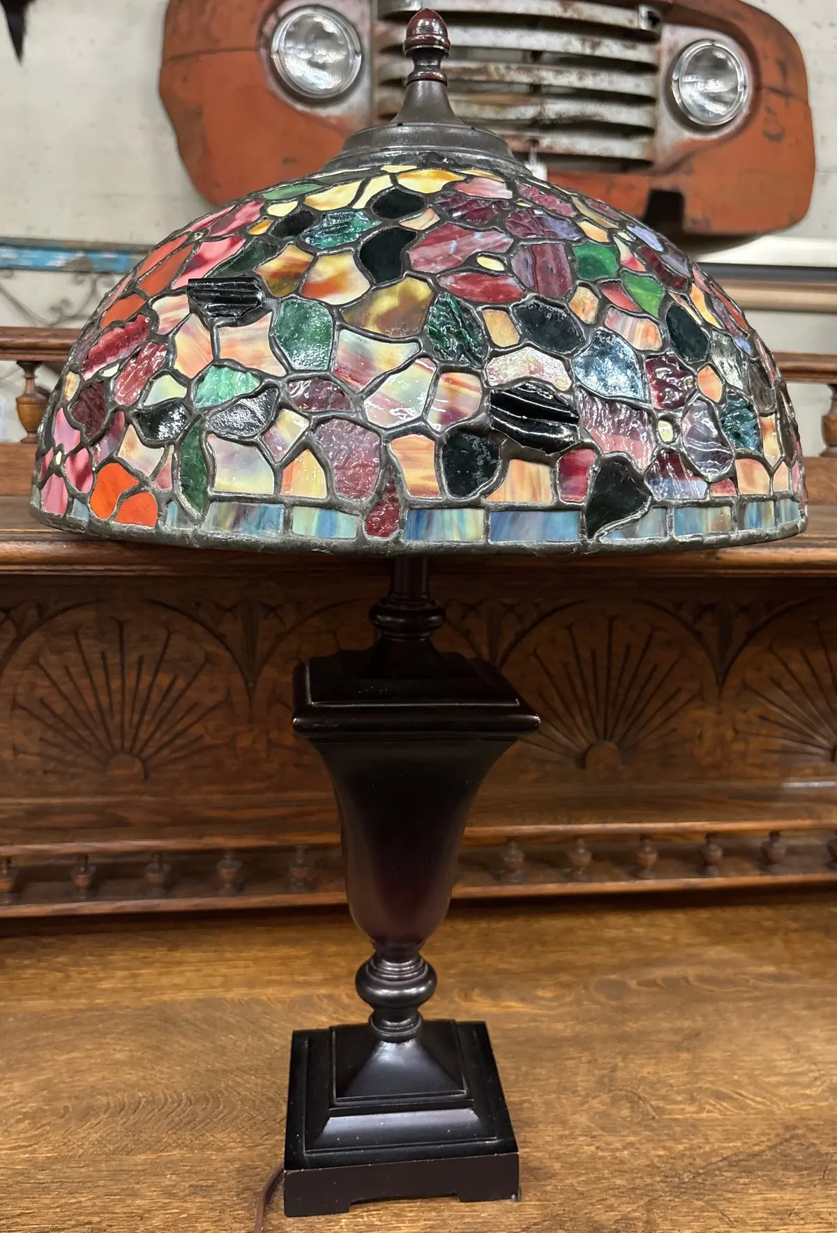 Vintage Signed Somers Red Stained Glass Floral Lamp 1