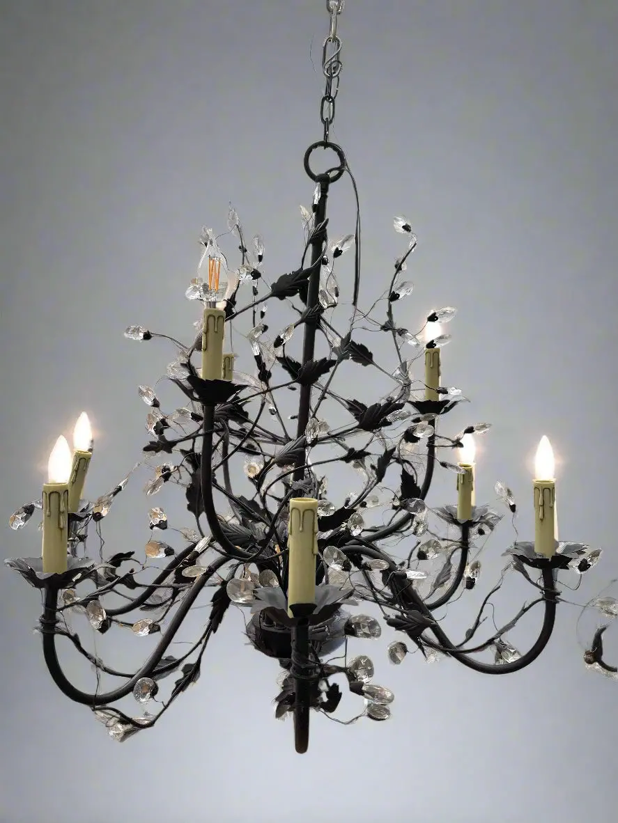 8 Light Iron Leaf Chandelier With Prisms 1