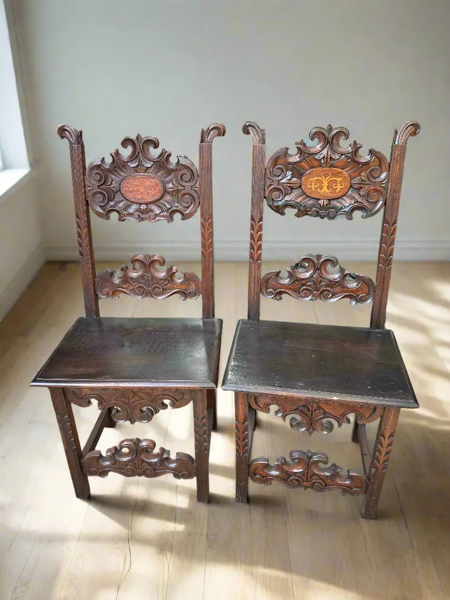 Pair Of Italian Walnut Side Chairs With Inlay 1