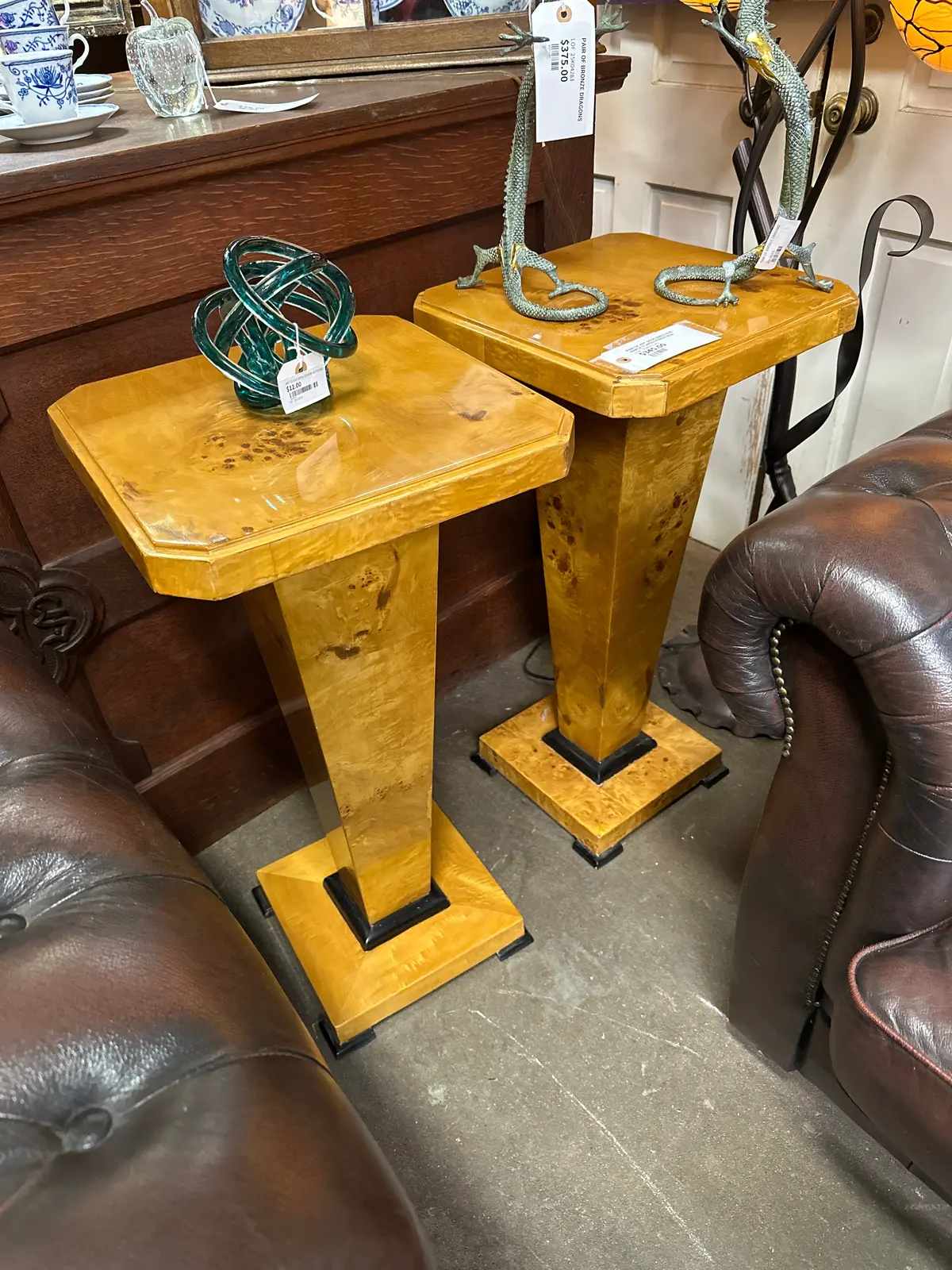 Pair Of Art Deco Bird's Eye Maple Flared Pedestals 1