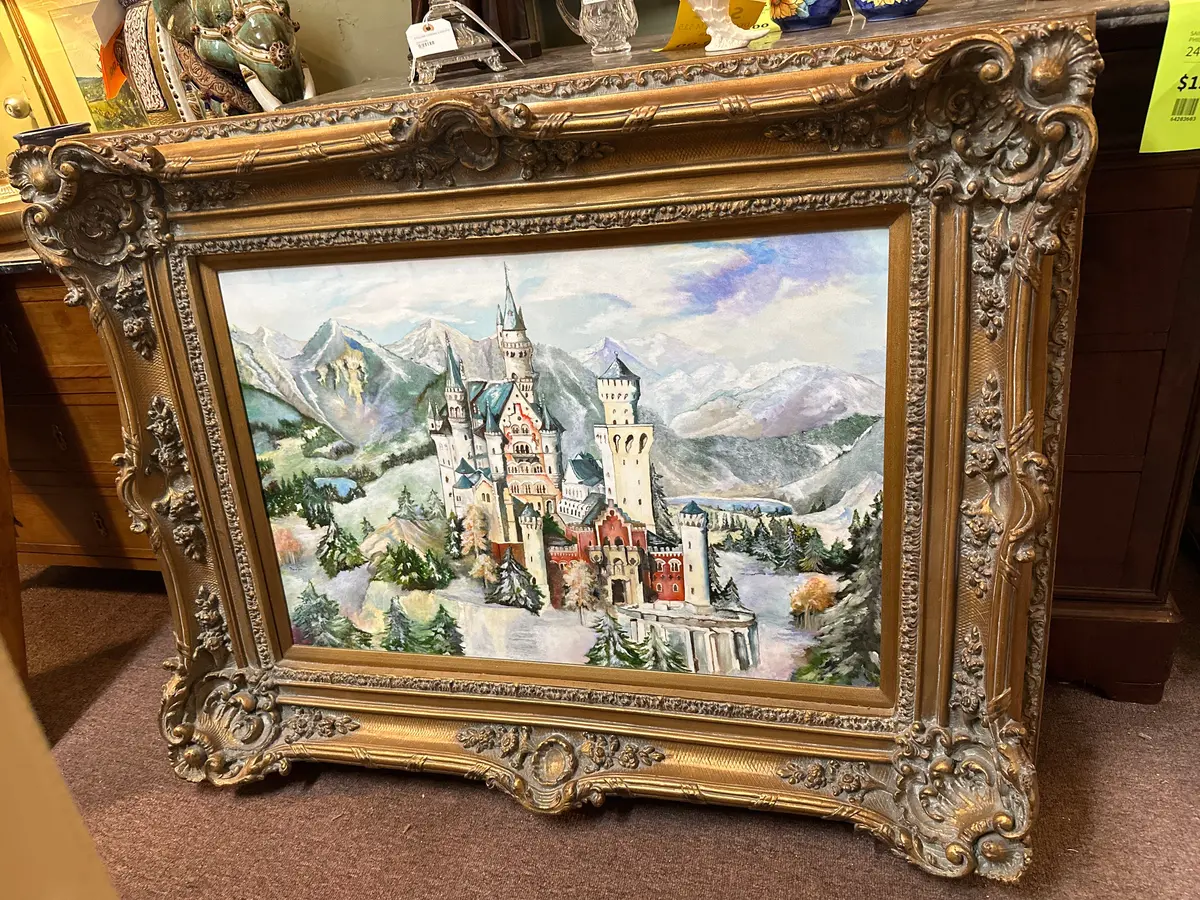 Large Baroque Gilt Framed Castle Oil Painting By Maude Waters 1