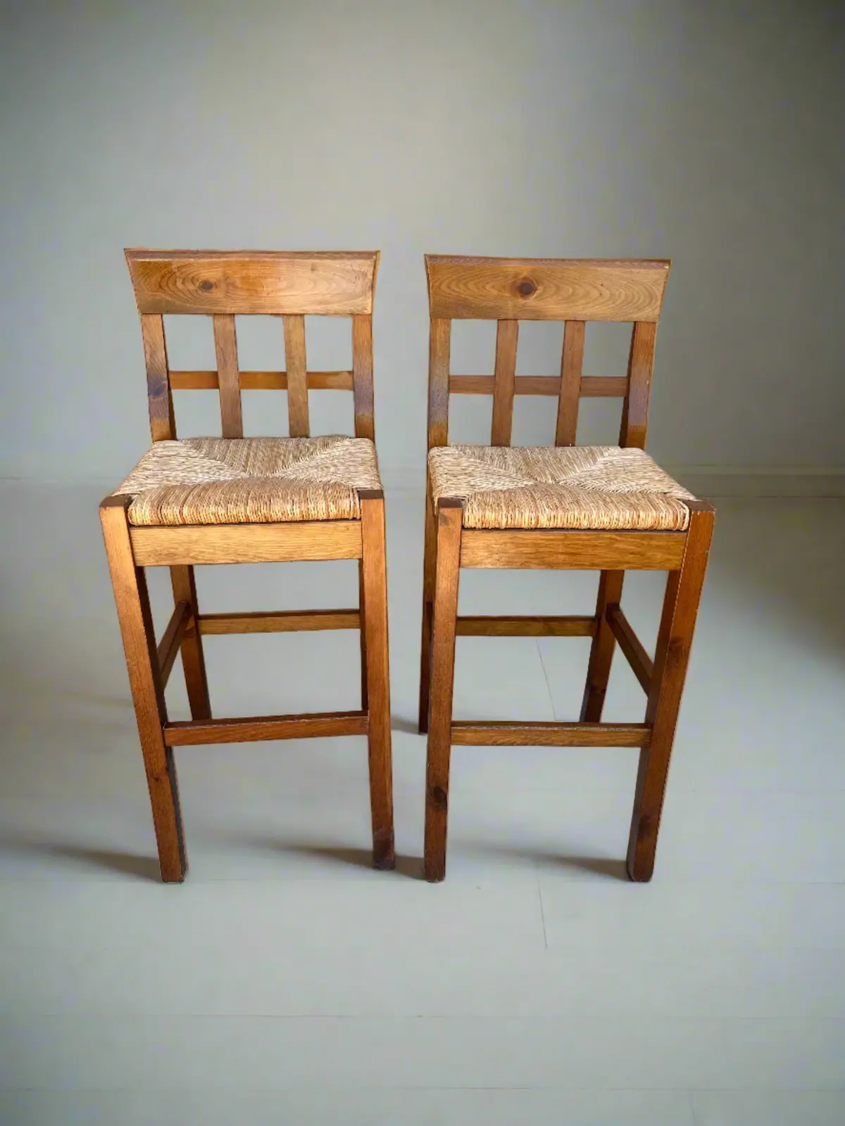Pair Of Rush Seat Pine Counter Height Barstools 1